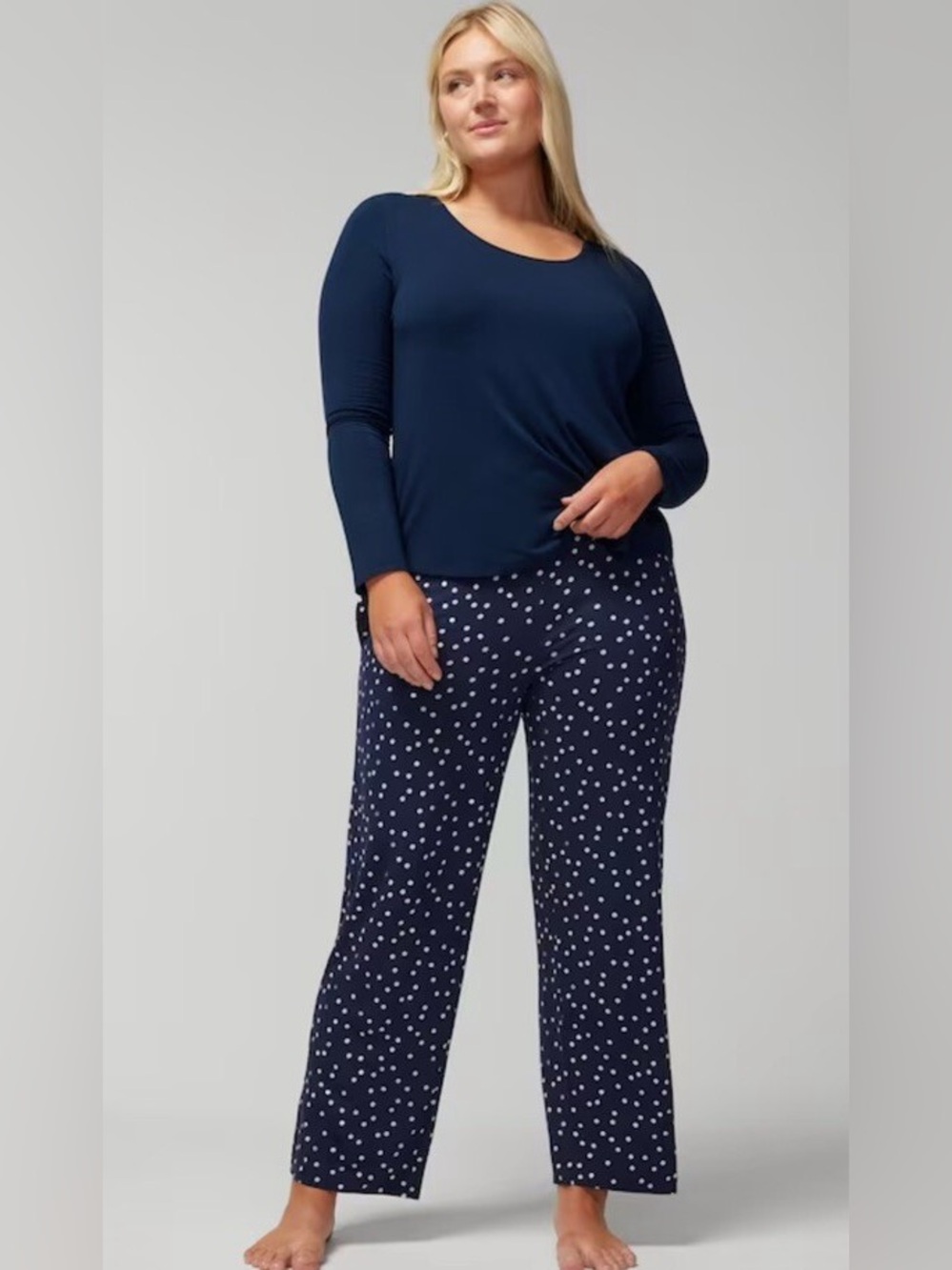 Soma Cool Nights Long Sleeve Pajama Set small navy polka dot pants lightweight